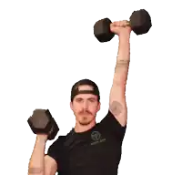 a man with a tattoo on his arm is lifting a pair of dumbbells