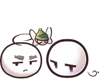 a drawing of two balls with faces and a fairy on top