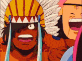 a cartoon character is wearing a headdress with feathers