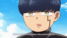 a close up of a cartoon character 's face with the words ubunhuhuhbuhbuhhahabbuh written below it .