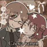 a cartoon of a man and a woman hugging each other with flowers in the background .