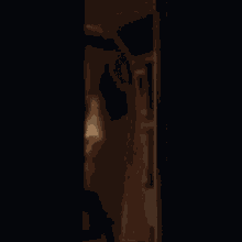 a close up of a woman 's face peeking out of a doorway