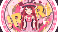 a girl with red hair and a hat is surrounded by hearts and the letter r.