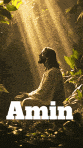 a picture of jesus in the woods with the word amin below him