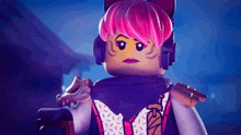 a lego girl with pink hair and headphones