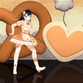 a girl in a maid outfit stands next to a heart shaped object