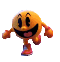 a pac man cartoon character is walking with his tongue hanging out