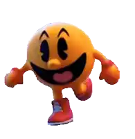a pac man cartoon character is walking with his tongue hanging out