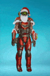 a man in a santa suit is holding a green item