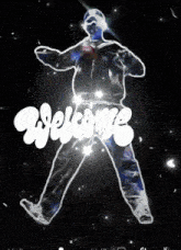 a silhouette of a man with the word welcome written on it
