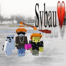 a group of minecraft characters standing next to each other on a snowy surface .