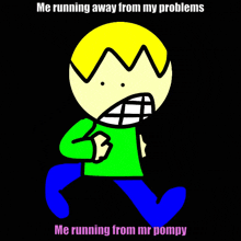 a cartoon character is running away from his problems while wearing a green shirt
