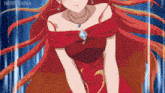 a girl with red hair and a necklace with the word sama on the bottom left