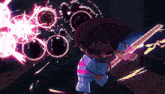 a cartoon character is holding a sword in a dark room surrounded by glowing circles