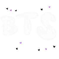 the word bts is written in purple bubbles with hearts around it .