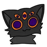 a cartoon drawing of a black cat with purple and orange eyes