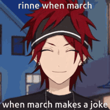 a cartoon character with red hair and a headband with the words rinne when march when march makes a joke