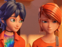 two cartoon characters are standing next to each other and looking at each other
