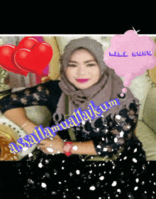 a woman wearing a hijab is surrounded by hearts and a thought bubble that says assalamualaikum