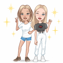 two girls standing next to each other one wearing a bang shirt