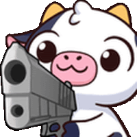 a cow with a pink nose is holding a gun in its mouth .