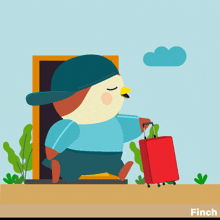 a cartoon of a bird carrying a red suitcase with finch written below it
