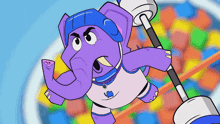 a cartoon elephant wearing a blue helmet is holding a stick