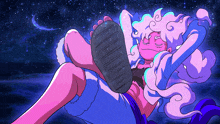 a cartoon drawing of a girl laying down with a crescent moon behind her