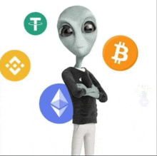 a gray alien stands in front of a circle with a t and a b on it