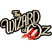 a logo for the wizard of oz with red shoes