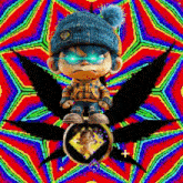 a cartoon character is standing on a marijuana leaf with a colorful background