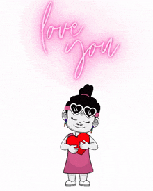 a girl wearing heart shaped sunglasses is holding a red heart in front of a neon sign that says love you