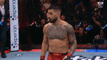 a man in a ufc uniform stands in a cage