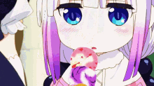a little girl with purple hair and blue eyes is eating a strawberry ice cream cone .
