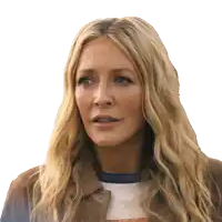 a woman with long blonde hair is wearing a brown jacket and a striped shirt
