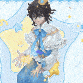 a drawing of a boy wearing a crown and a blue and white outfit
