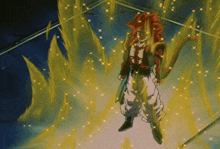 a cartoon character is surrounded by golden flames and stars