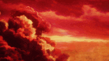 a painting of a sunset with red clouds in the sky .