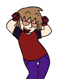 a cartoon character wearing a red shirt and purple jeans