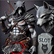 a statue of a wolf holding a sword next to a statue of a slot