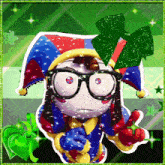 a cartoon of a jester with glasses and a bow