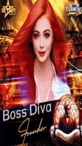 a poster for boss diva founder has a woman with red hair