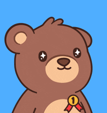 a brown teddy bear with a medal that says 1 on it