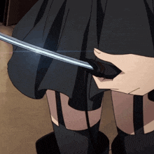 a woman in a black skirt holds a sword in her hand