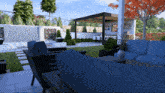 a rendering of a backyard with a pergola and a dining table