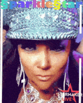 a woman wearing a blue hat with the words sparklestar on it