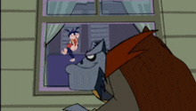 a cartoon character is looking out a window at a girl