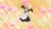 a girl in a maid outfit is surrounded by pink hearts and green musical notes
