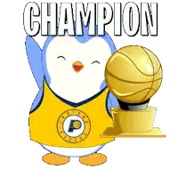 a cartoon penguin holding a basketball trophy with the word champion above it