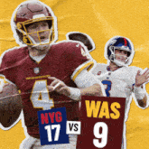a washington football player is holding a ball next to a nyc player